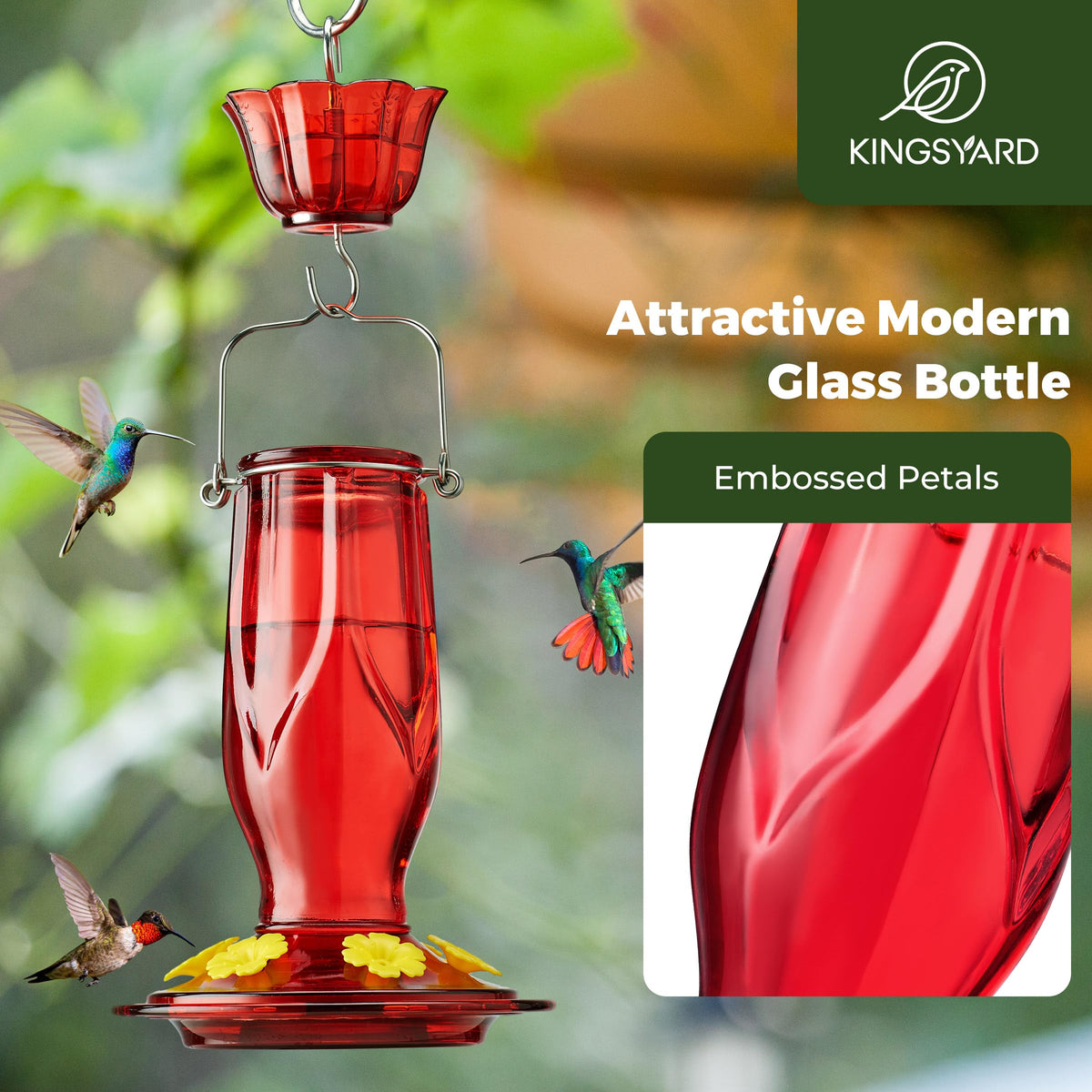 Kingsyard glass hummingbird feeder with ant moat to deter intruders.