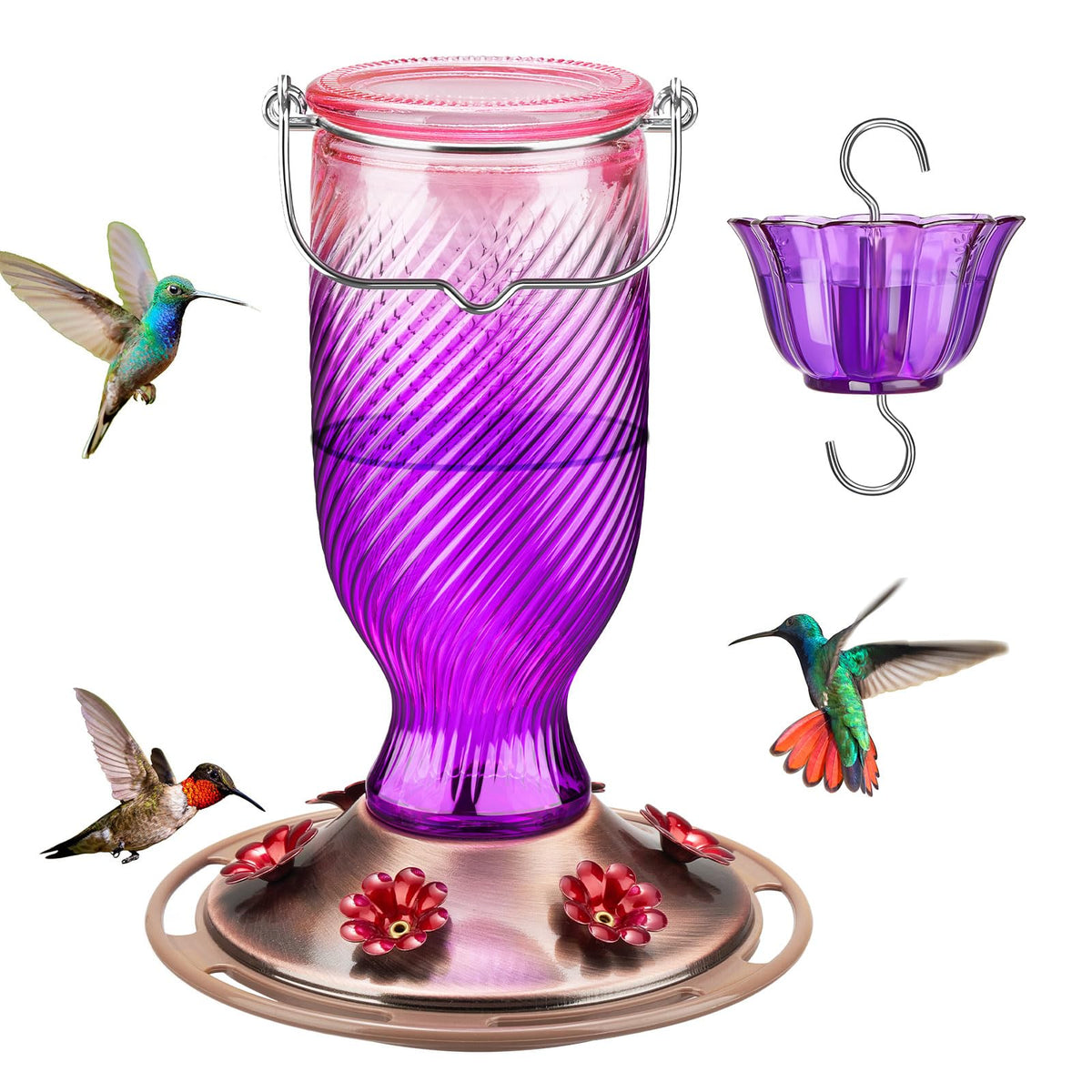 Kingsyard glass hummingbird feeder assembly view with six ports for shared dining