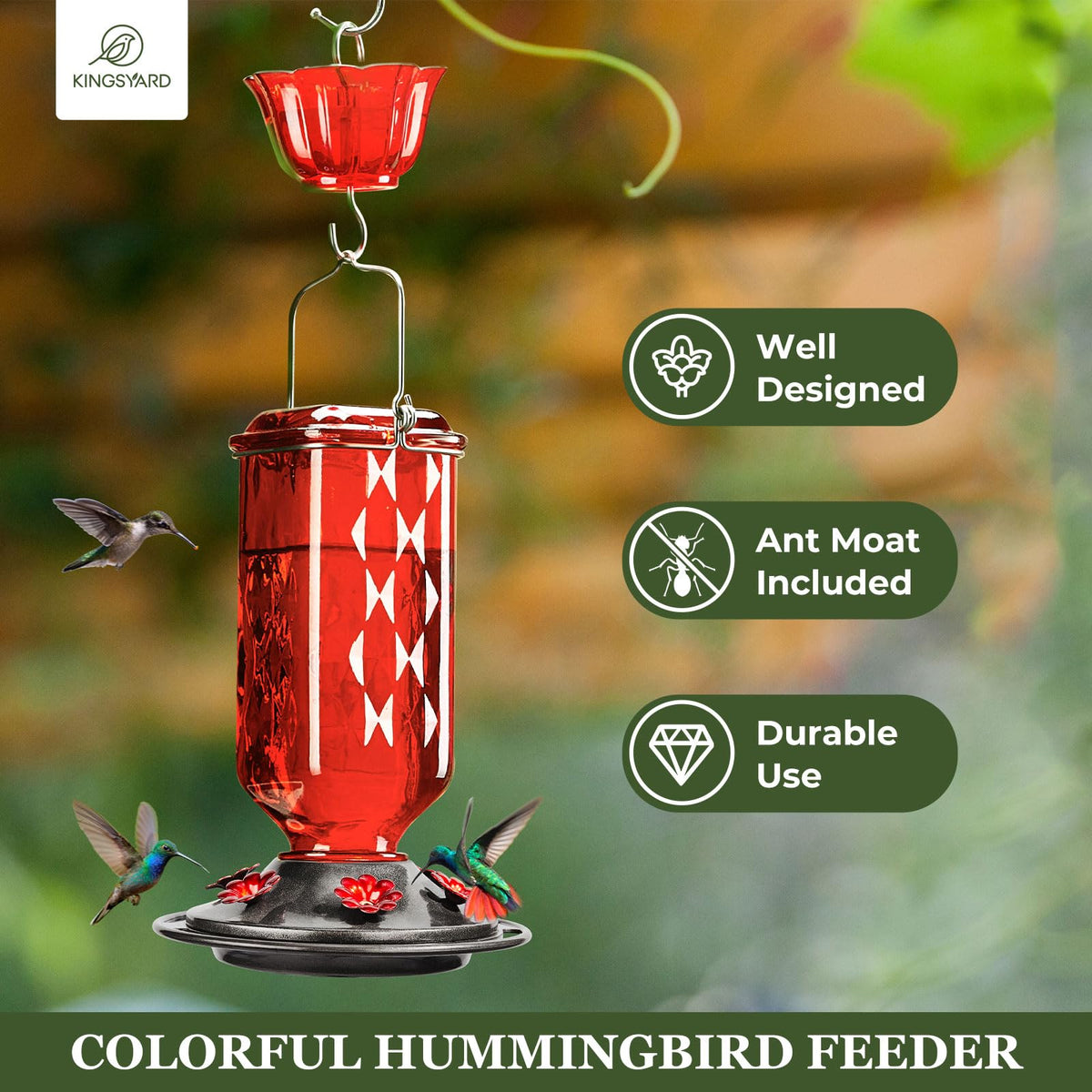 Kingsyard feeder with flower-port detail attracts multiple hummingbirds to your garden