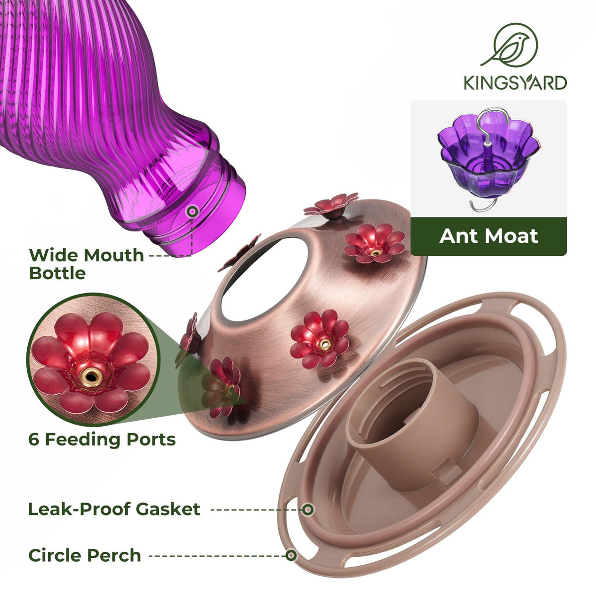 Kingsyard hummingbird feeder ports close-up showing flower-shaped ports for attraction
