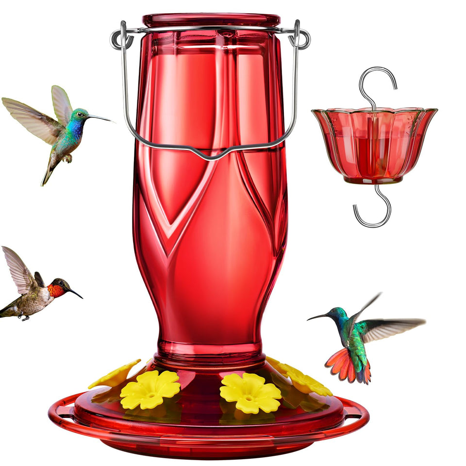 Kingsyard glass hummingbird feeder with embossed petals and red gradient attracts birds.