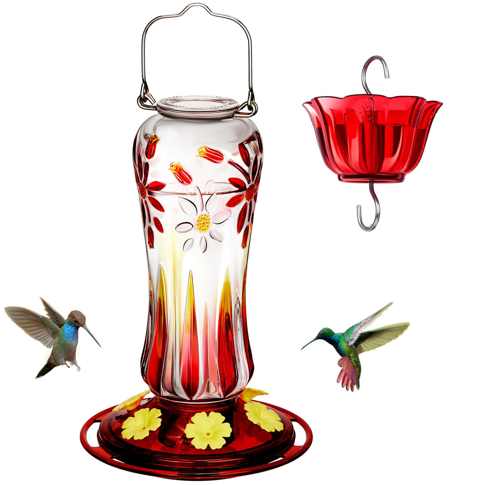 Kingsyard glass hummingbird feeder in red, front view; attracts hummingbirds to your garden.