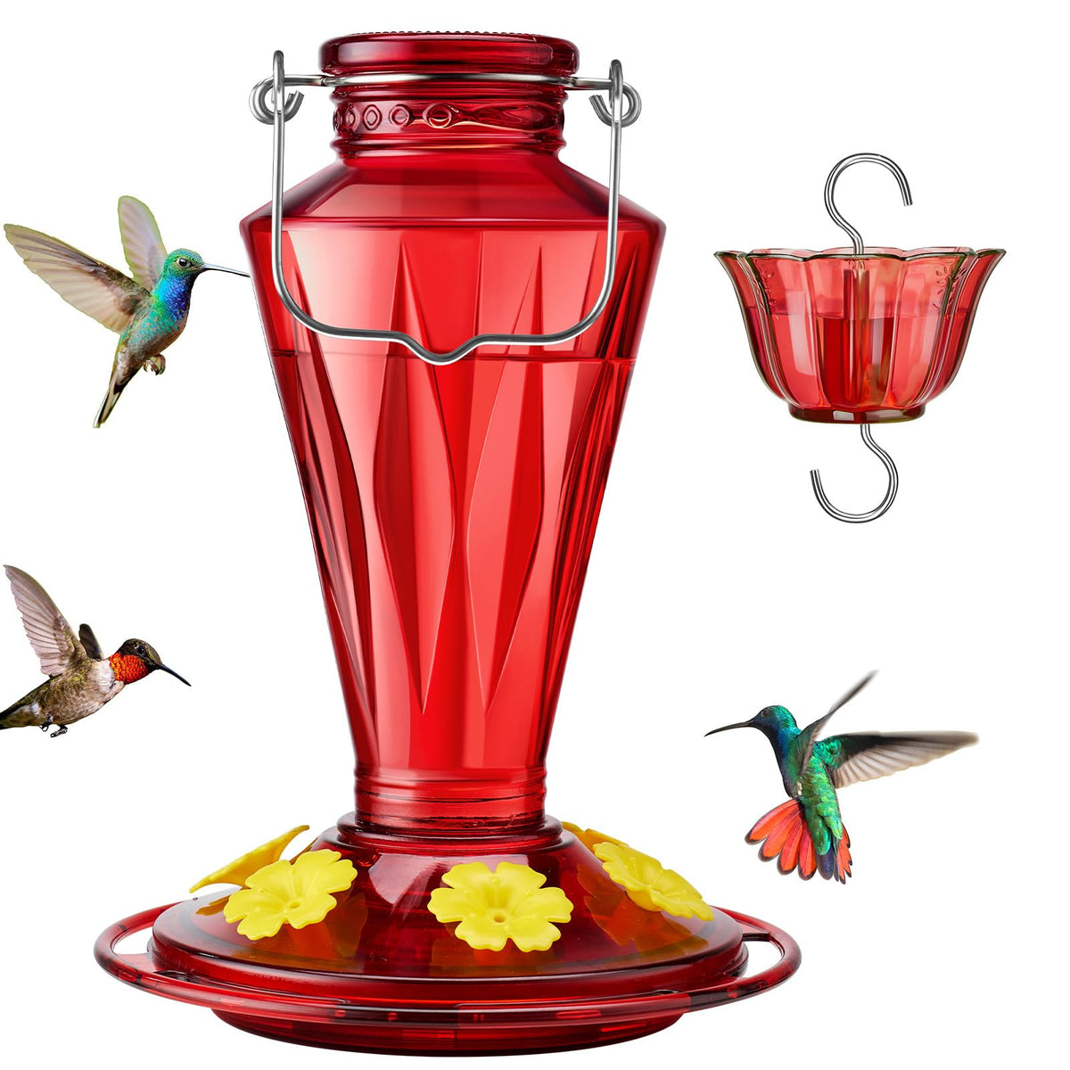 Kingsyard glass hummingbird feeder in red gradient attracts hummingbirds to your garden