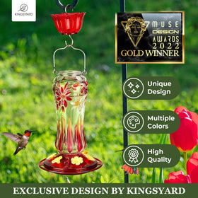 Kingsyard red glass feeder with ant moat supports pest-free nectar.