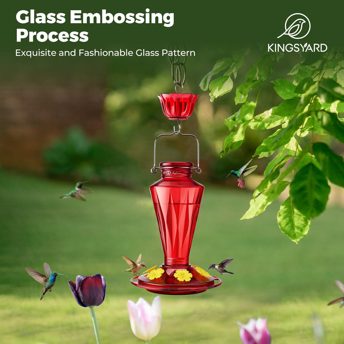 Kingsyard glass feeder with six flower ports invites more hummingbirds to feed