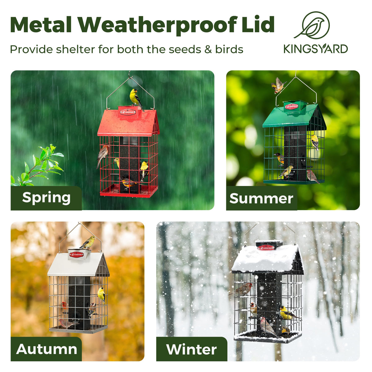 Kingsyard attracts Goldfinches and Chickadees with Nyjer seed in a compact feeder