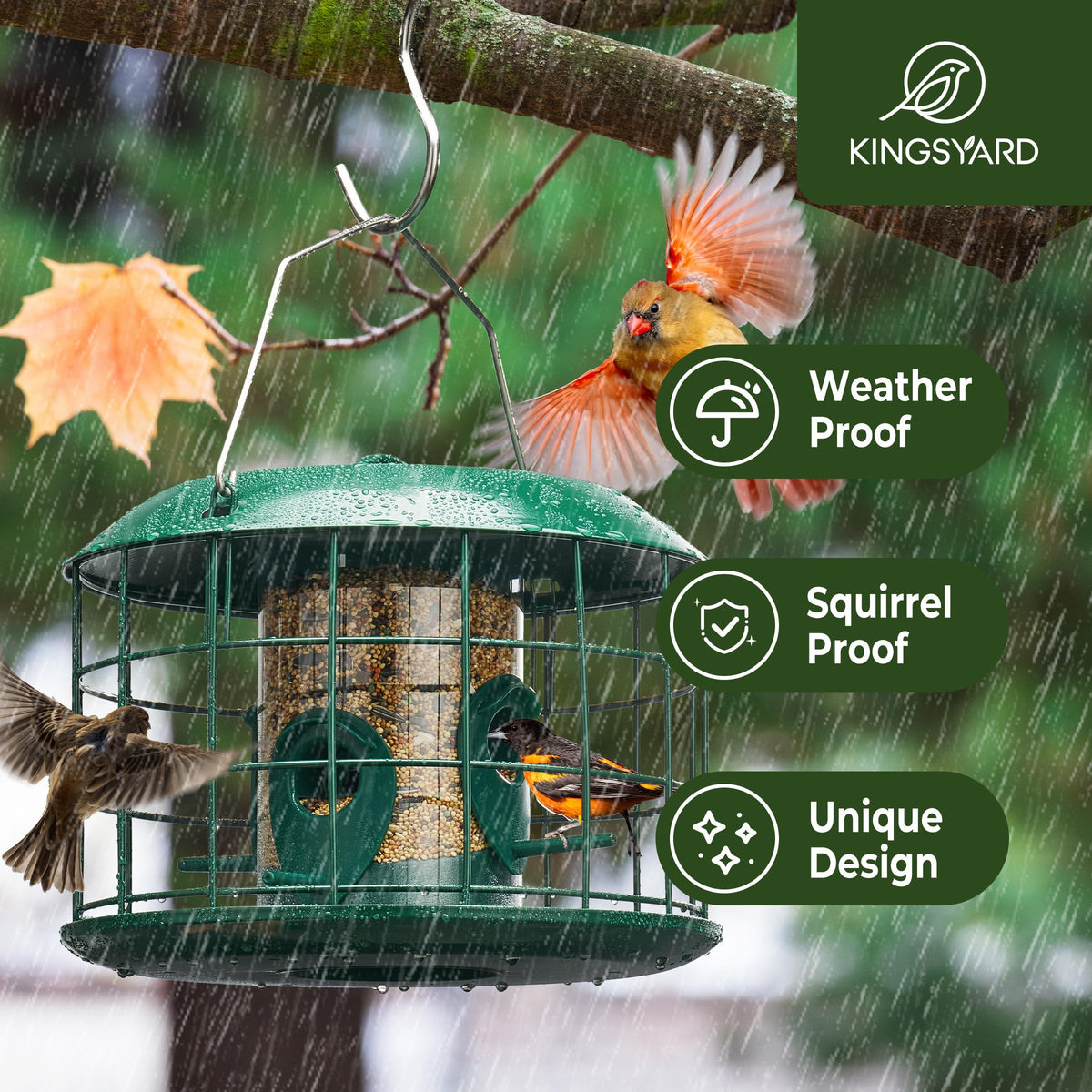 Green Kingsyard outdoor hanging bird feeder blends with gardens
