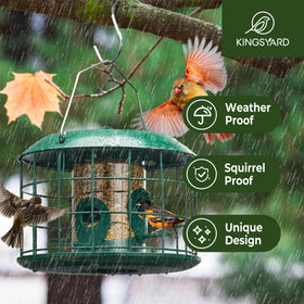 Green Kingsyard outdoor hanging bird feeder blends with gardens