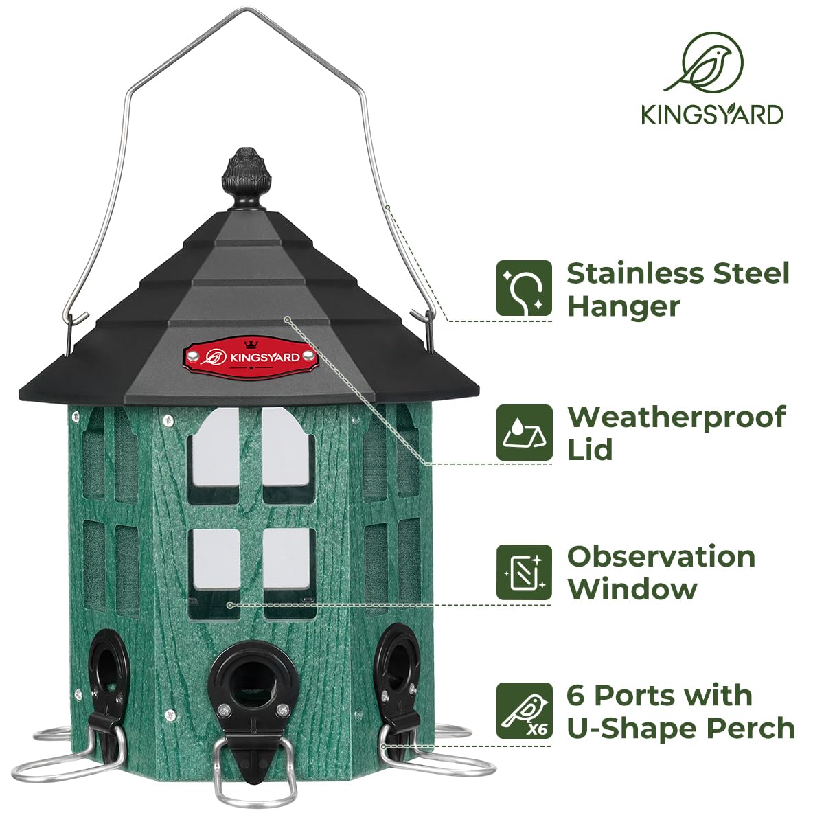 Kingsyard hanging bird feeder with six ports attracts multiple songbirds.
