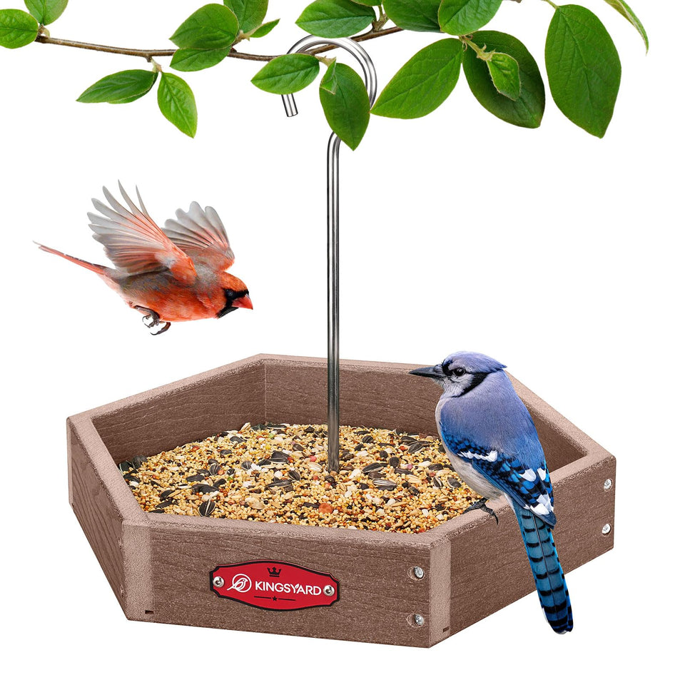 Kingsyard heavy-duty hanging platform feeder for multiple birds in a sunny backyard.