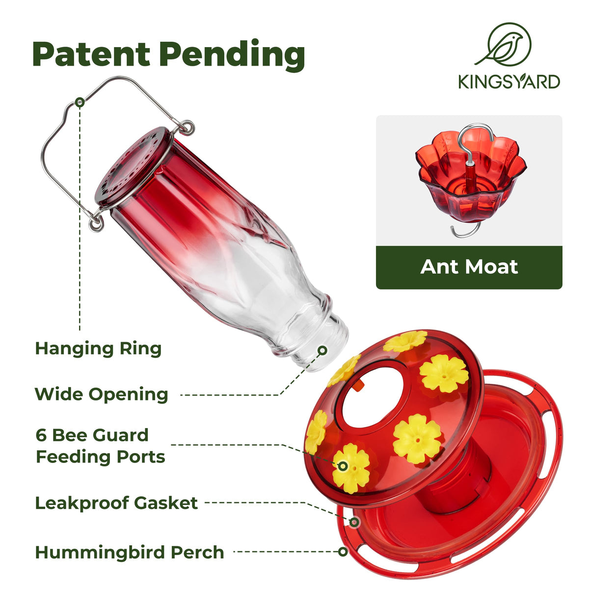 Kingsyard hummingbird feeder with 16-ounce nectar capacity reduces refills during feeding sessions.