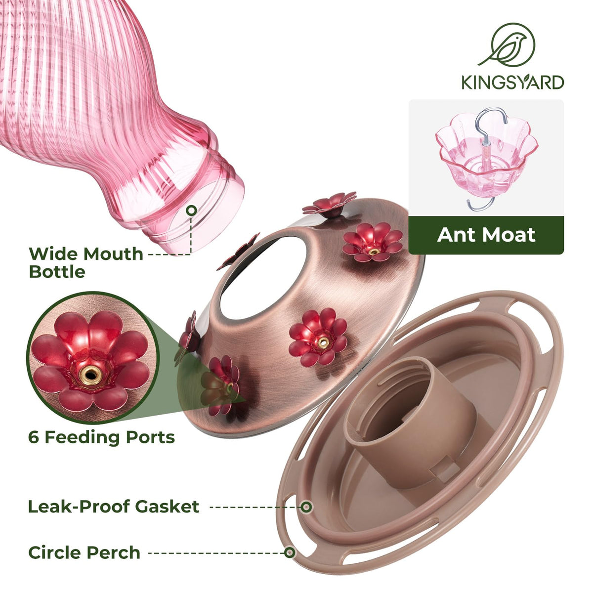 Kingsyard feeder with ant moat helps keep nectar clean for visiting hummingbirds.