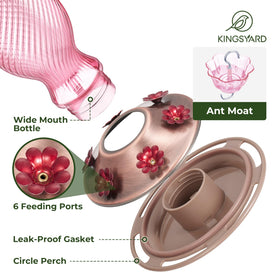 Kingsyard feeder with ant moat helps keep nectar clean for visiting hummingbirds.