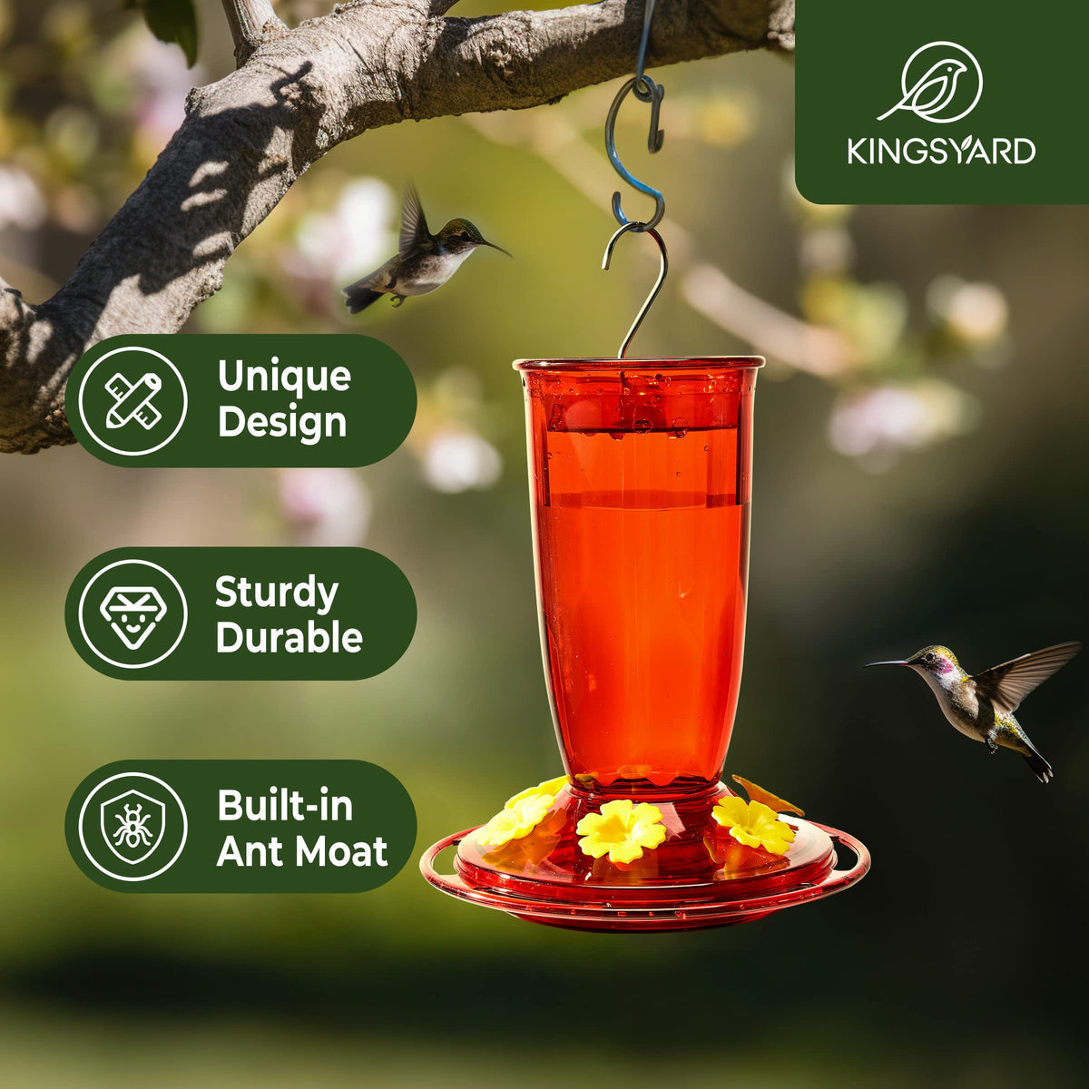 Kingsyard hummingbird feeder with built-in ant moat keeps nectar clean outdoors