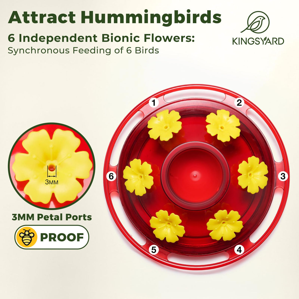Kingsyard hummingbird feeder with anti-bee feeding ports for selective nectar access.