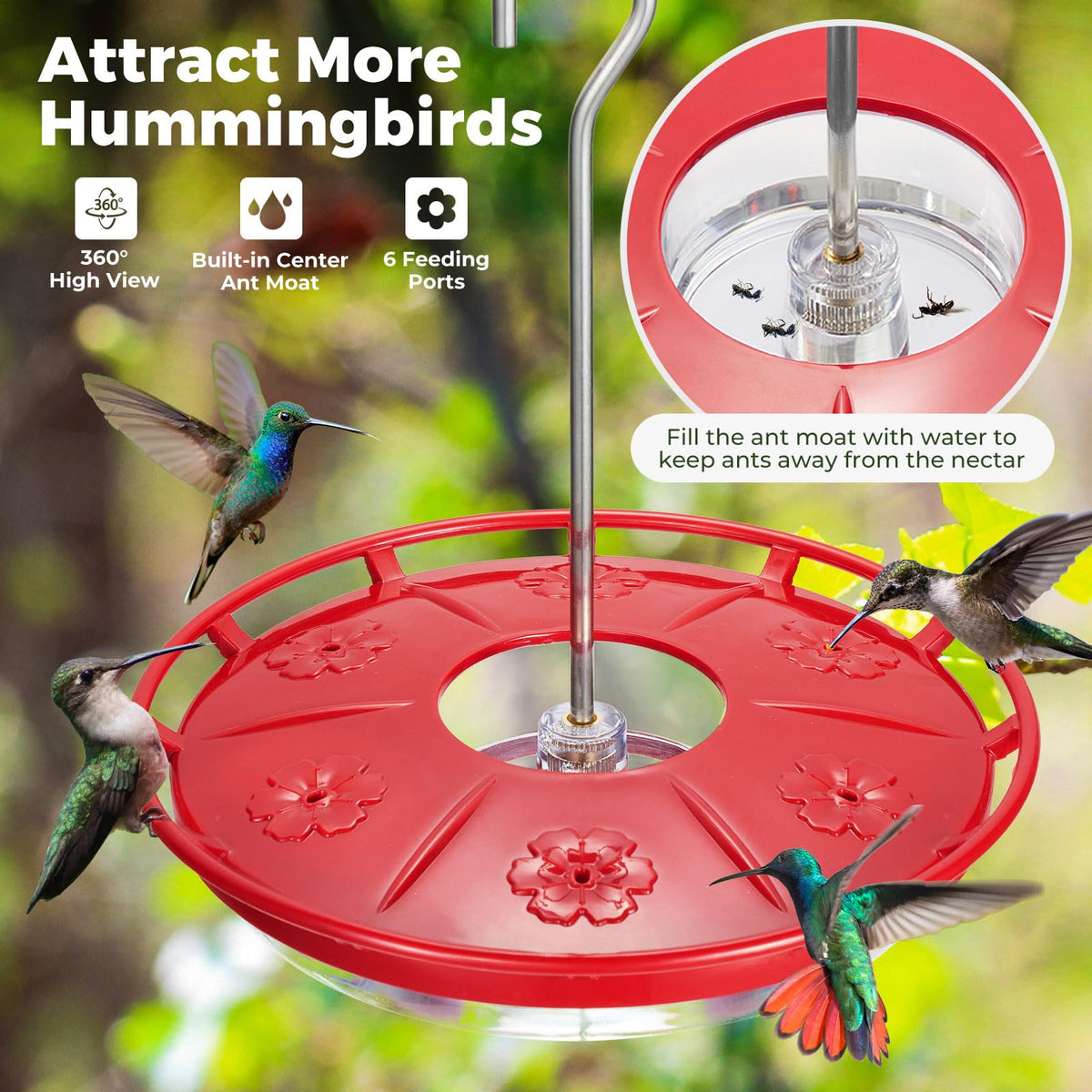 Kingsyard 6-port hummingbird feeder offers six ports for multiple birds.