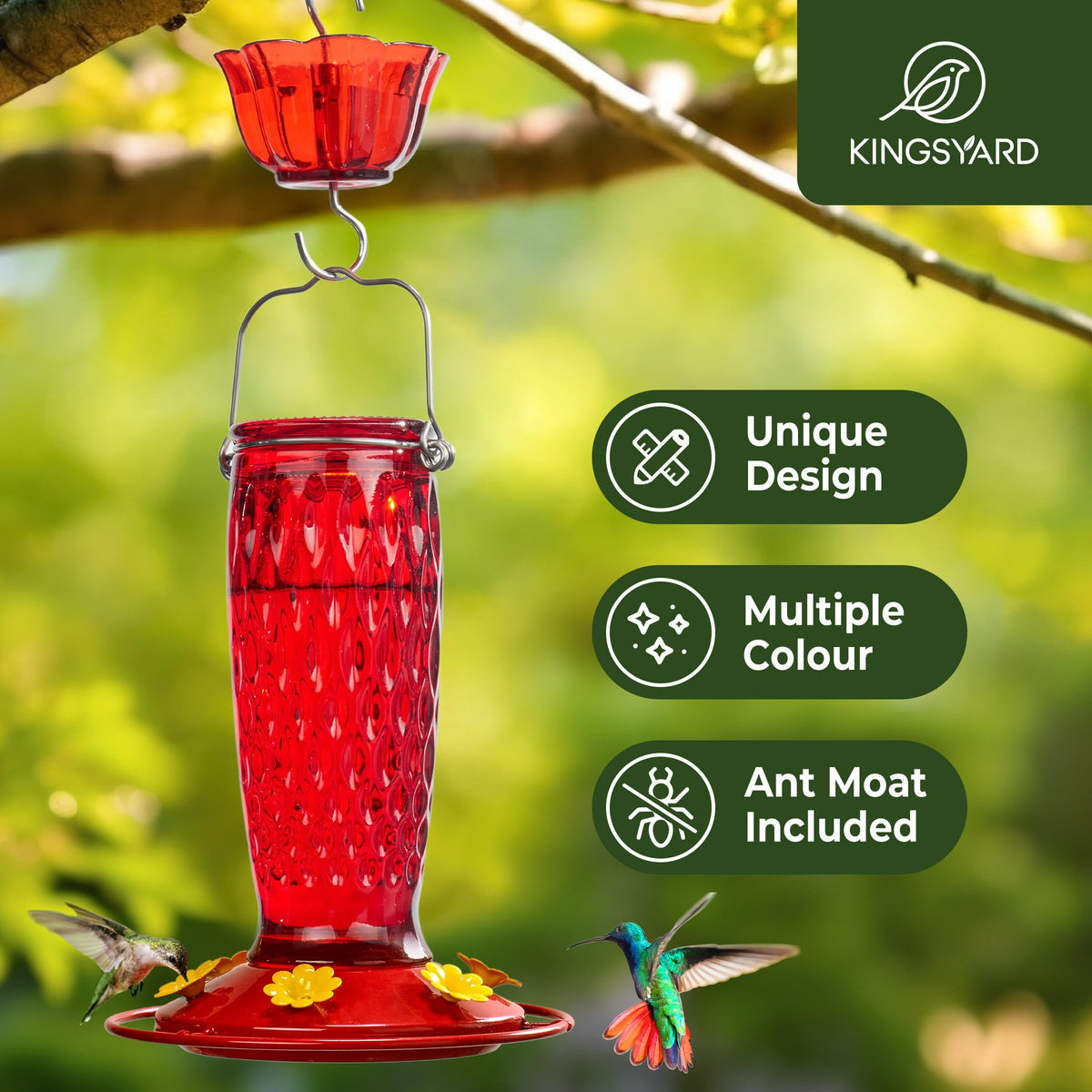 Kingsyard glass 24oz hummingbird feeder for easy nectar viewing and quick refills.