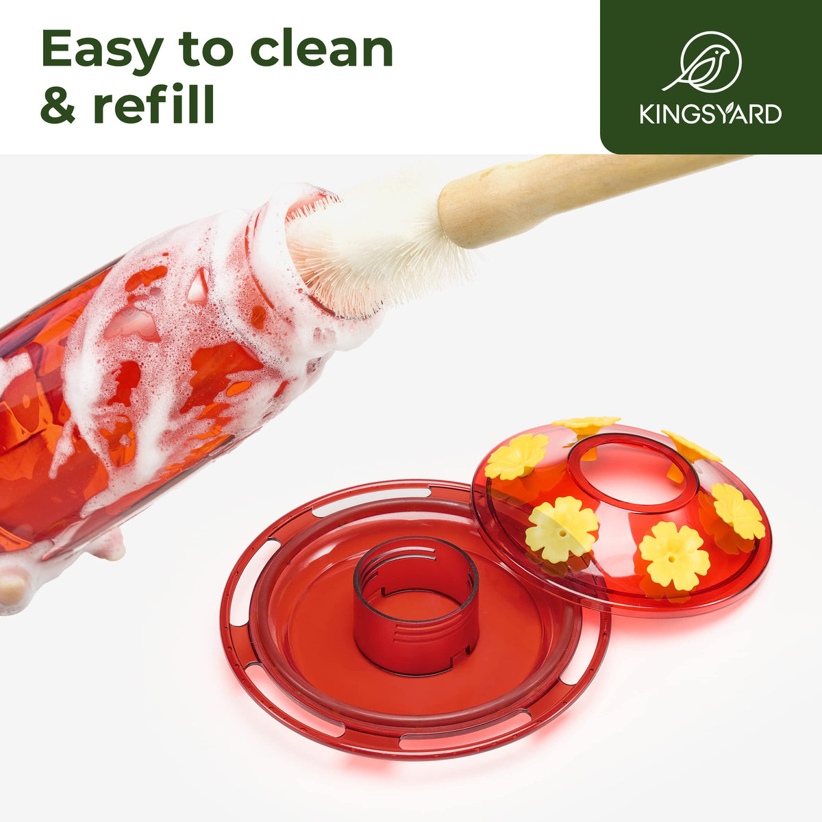 Wide-mouth Kingsyard feeder makes refilling and cleaning quick