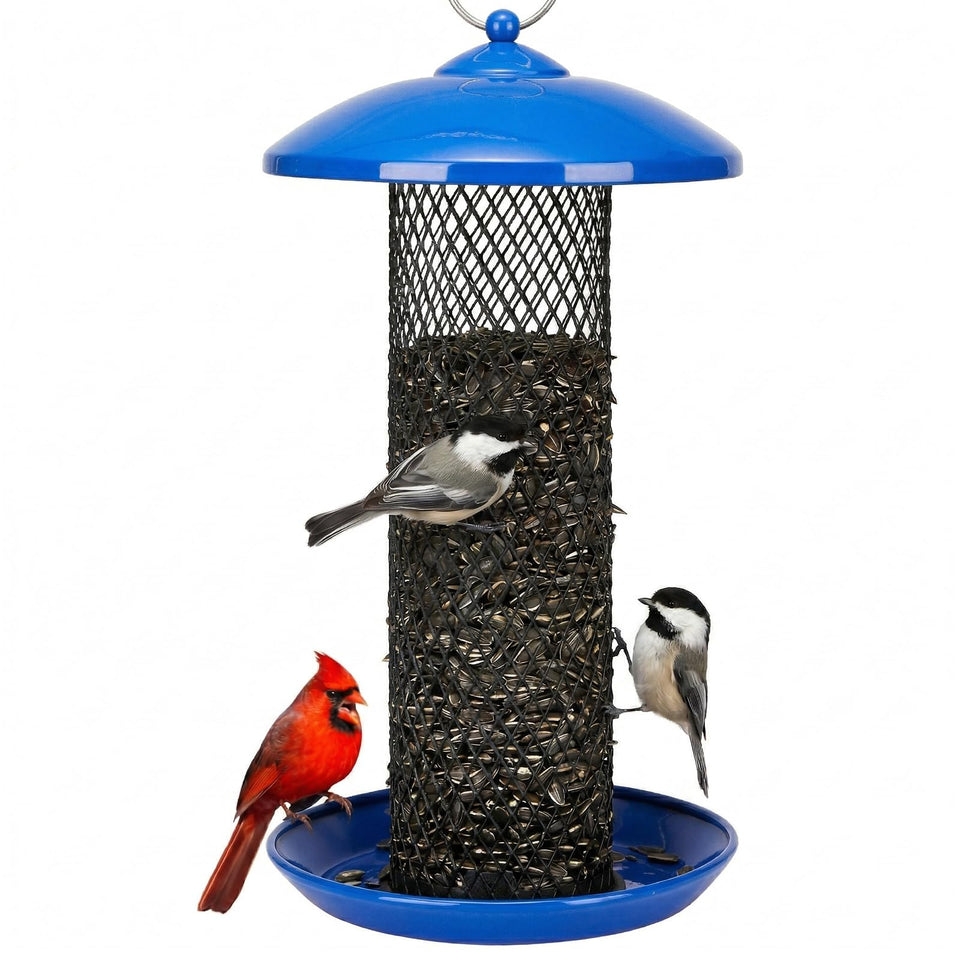 Kingsyard mesh tube bird feeder in blue with weatherproof metal.