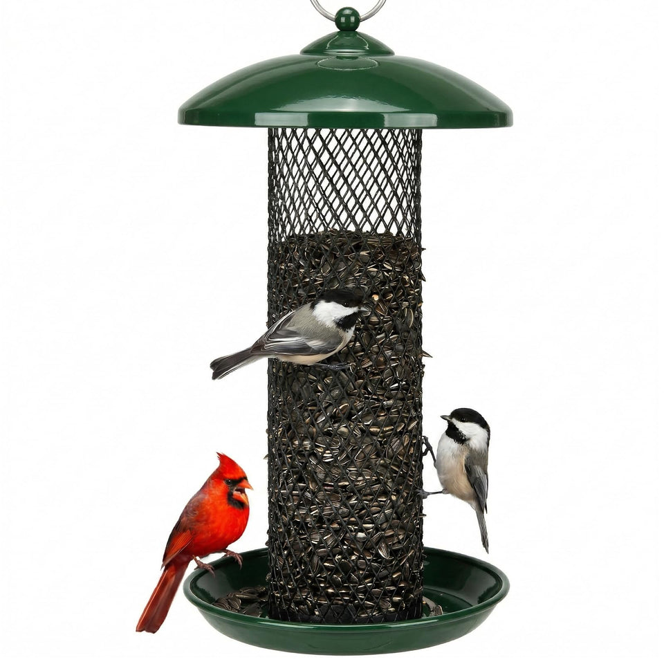 Kingsyard mesh tube bird feeder outdoors in dark green, attracts diverse songbirds.