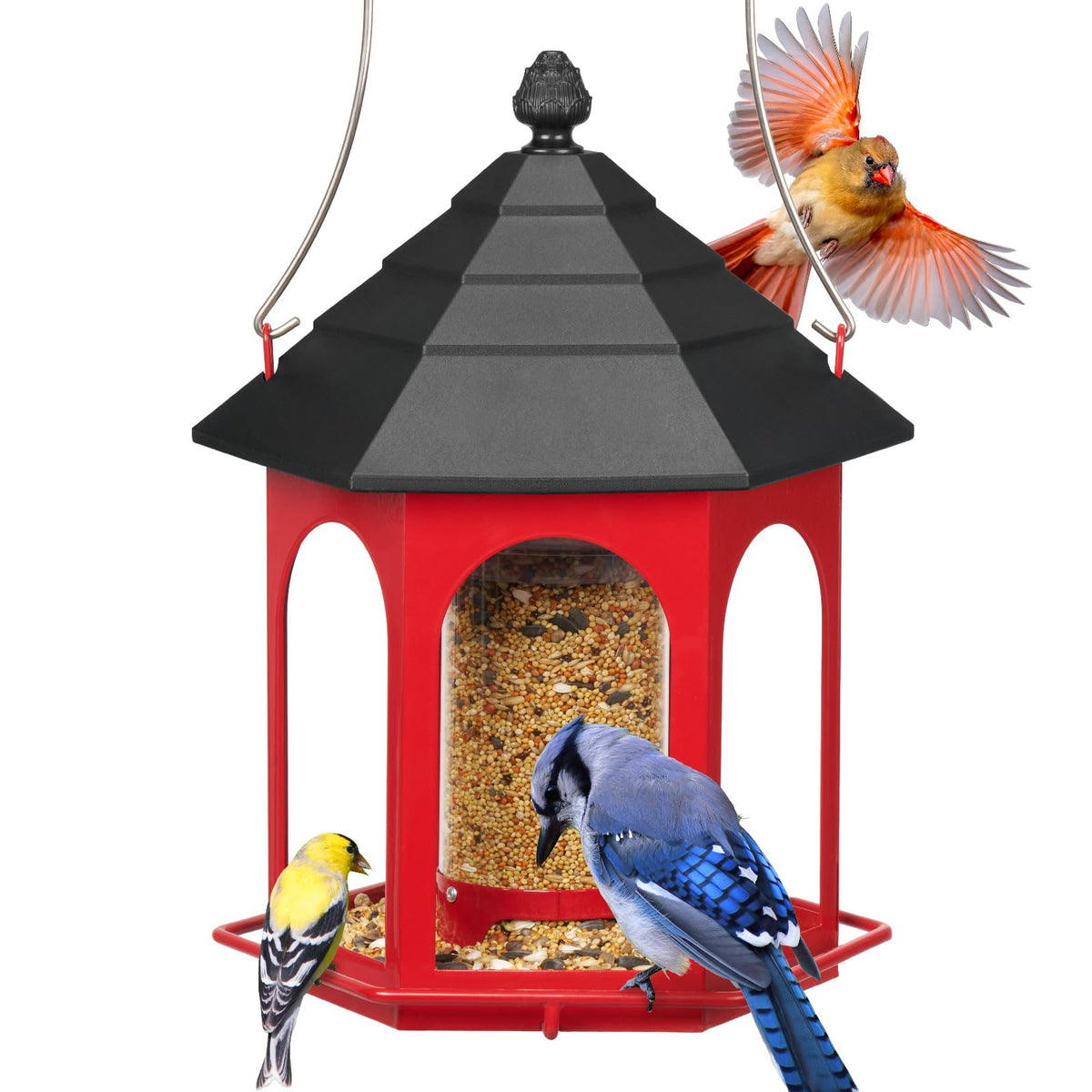 Kingsyard metal bird feeder with red frame for durable year-round outdoor use.