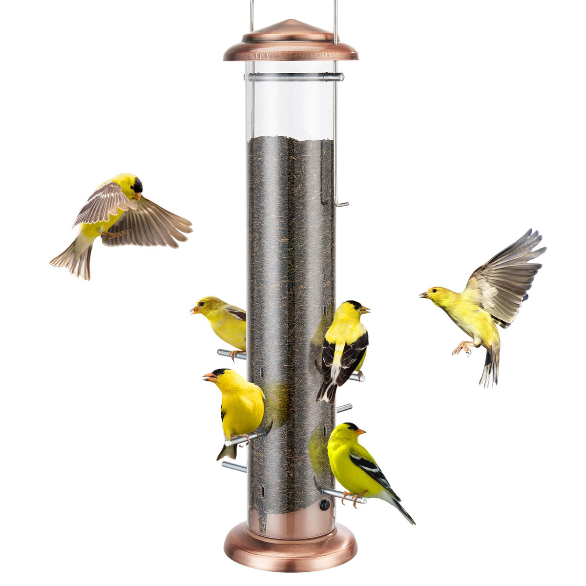 Kingsyard metal finch feeder with weatherproof lid keeps seed dry outdoors.