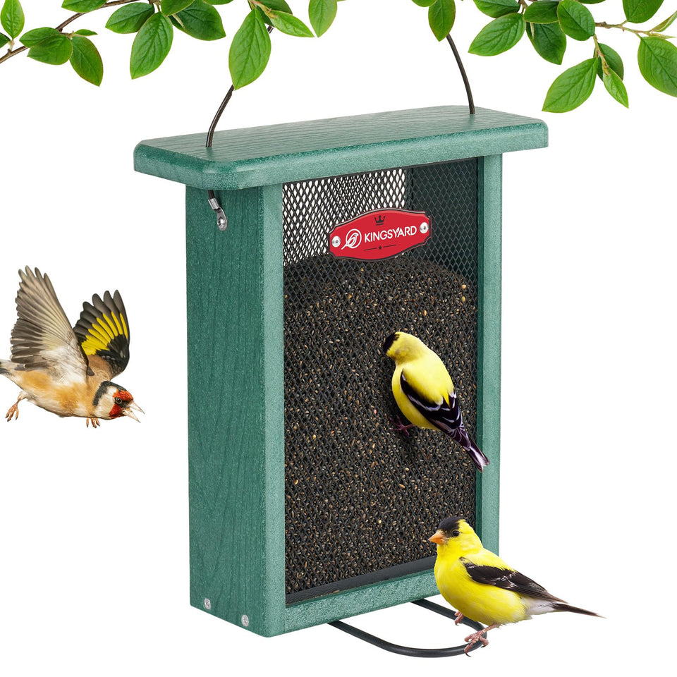 Kingsyard metal mesh bird feeder hanging in a garden for year-round use.