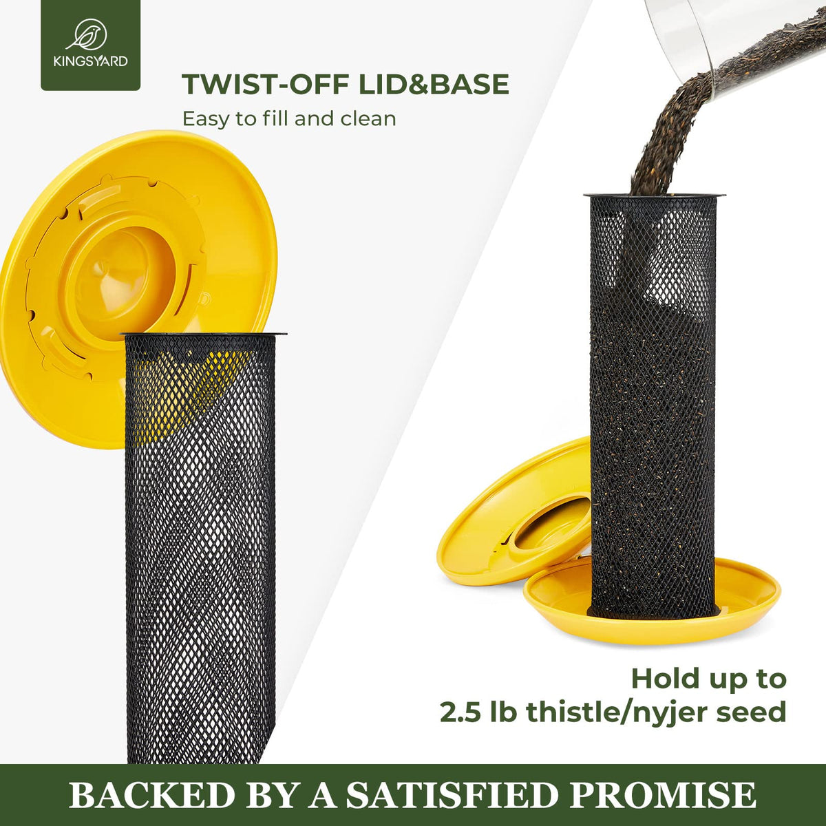 Kingsyard Nyjer seed feeder mesh highlights fine mesh for easy seed access.