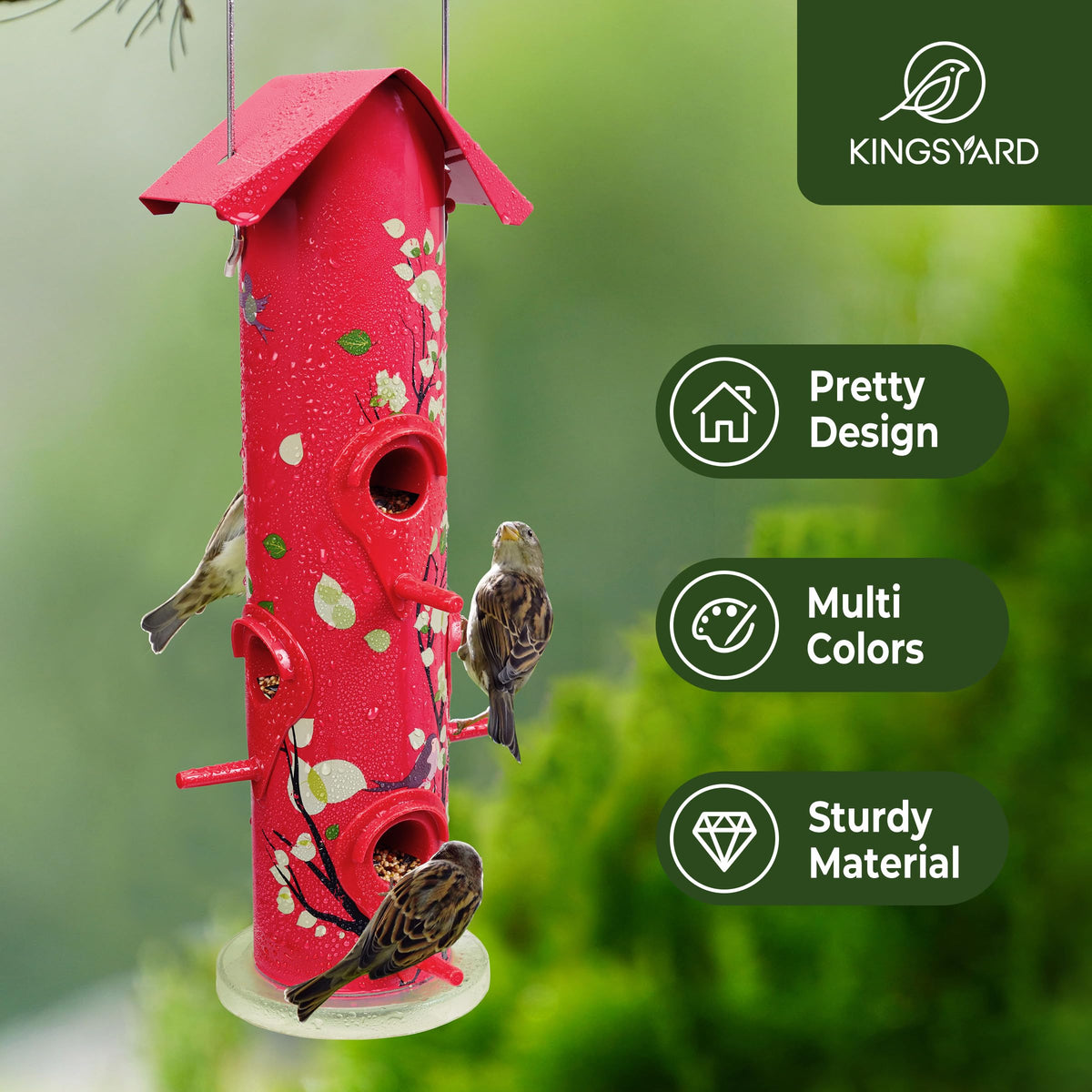 Kingsyard outdoor 14-inch red bird feeder designed for year-round use.