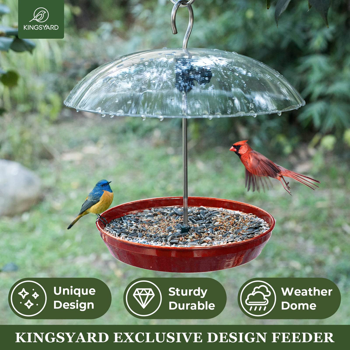 Kingsyard outdoor bird feeder with metal tray for easy seed refills