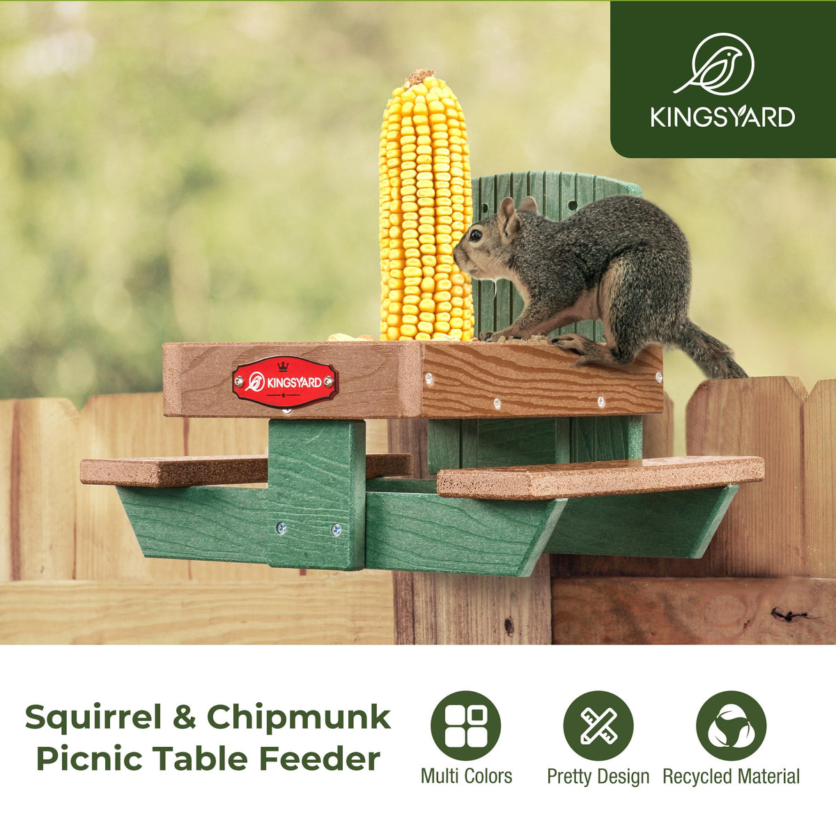 Kingsyard picnic table feeder shows two side benches in a garden setting.