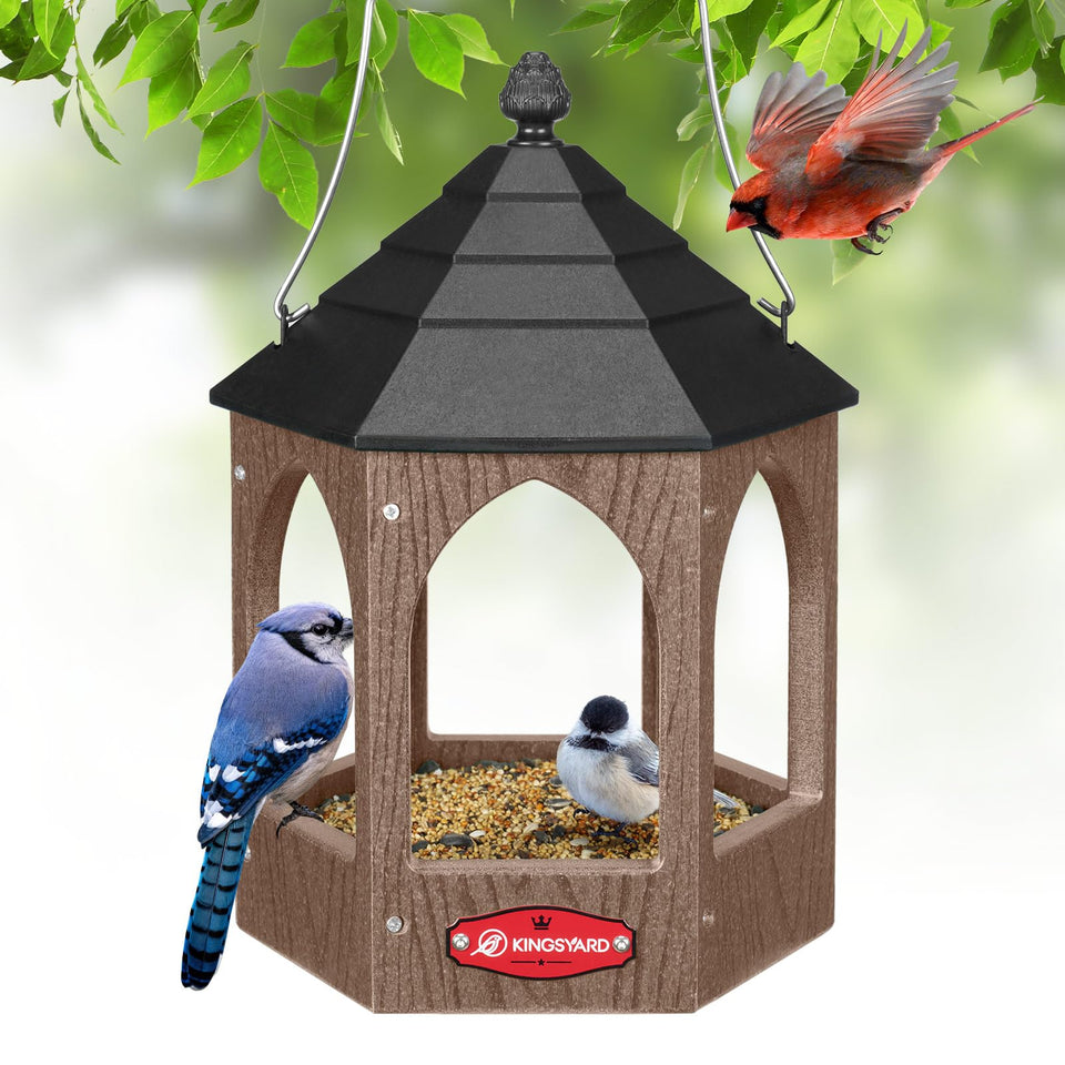 Kingsyard platform bird feeder with gazebo style roof attracts birds year round