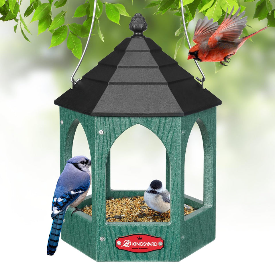 Kingsyard Platform Bird Feeder with gazebo-style roof protects seeds from rain for year-round feeding.