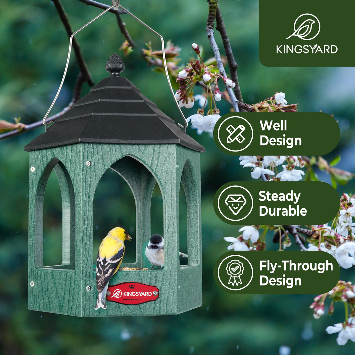 Kingsyard Platform Bird Feeder rain-proof roof keeps seeds dry during wet seasons.