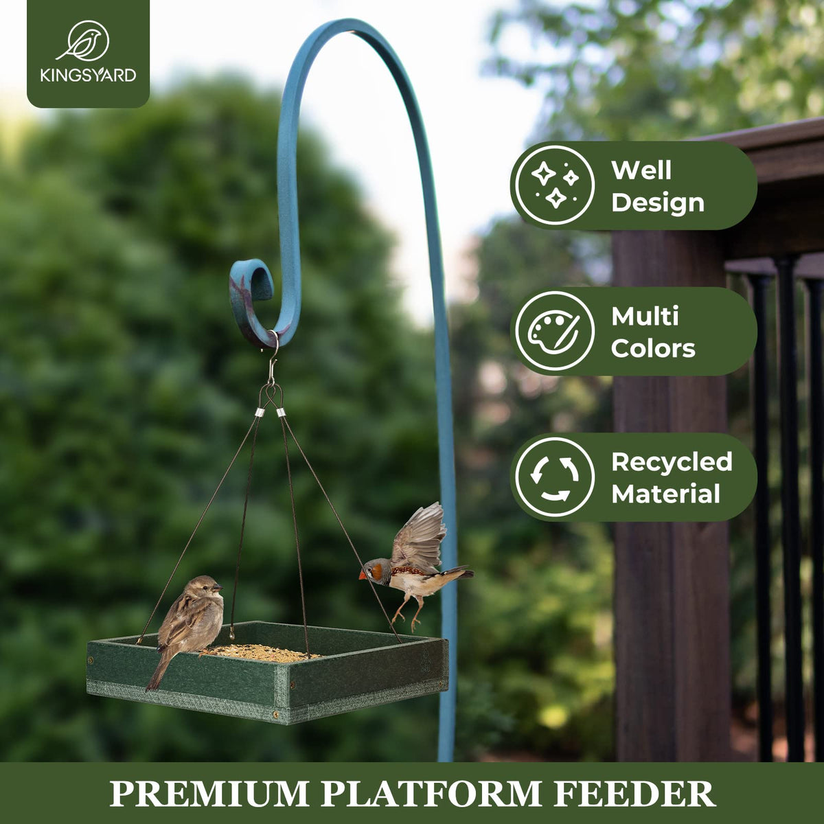 Kingsyard preassembled platform feeder, ready to hang and start feeding.
