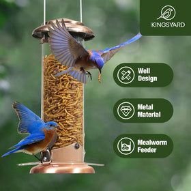 Kingsyard feeder features protective coating and drainage holes for weather resilience.