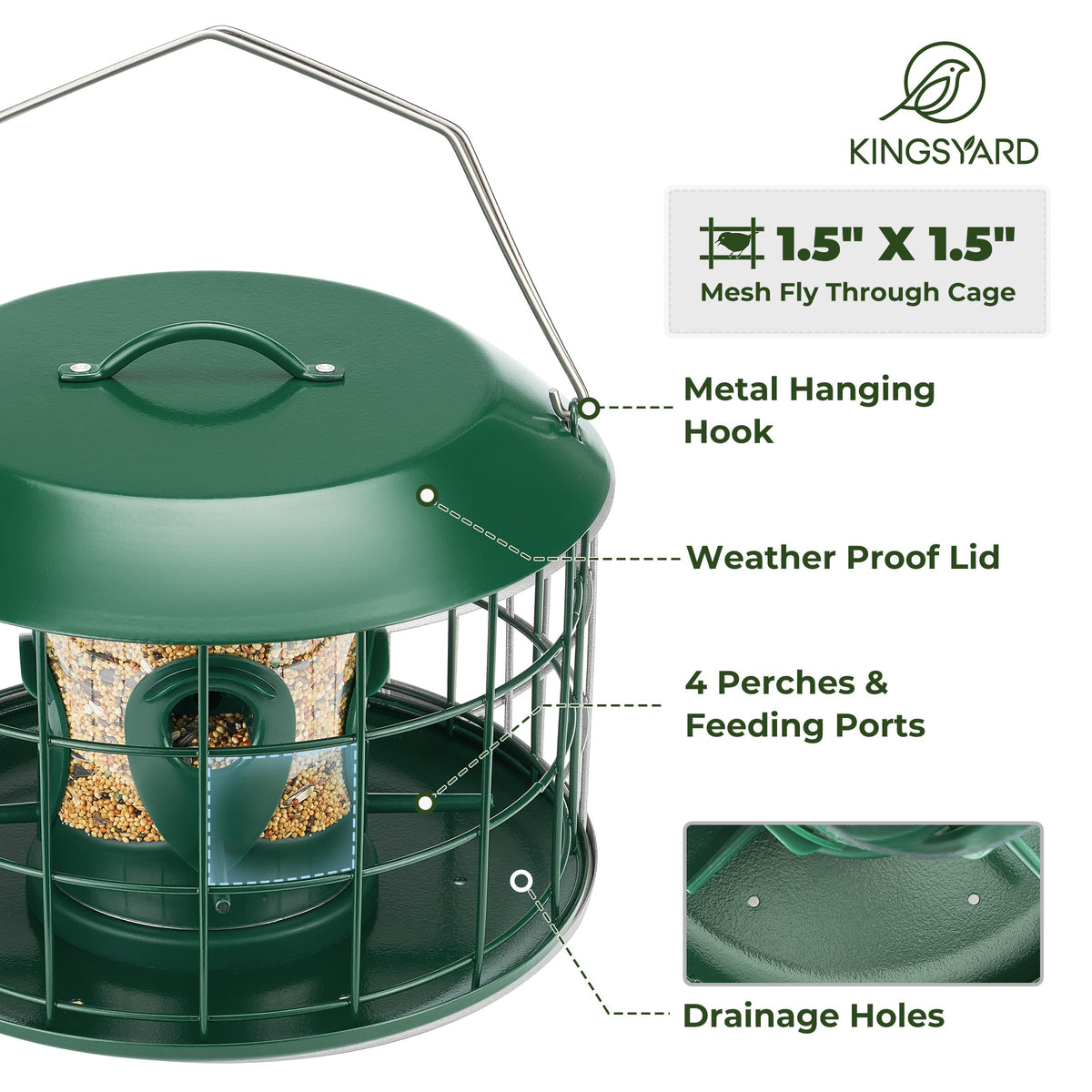 Rain-proof covered Kingsyard feeder keeping seeds dry during wet days