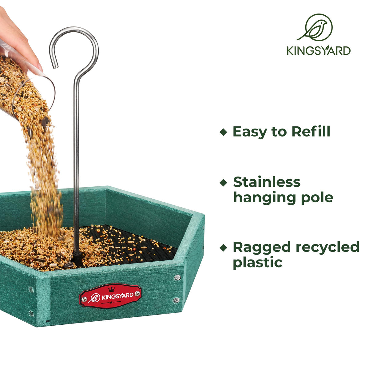 Kingsyard recycled plastic base and stainless steel mesh resist warping and fading.