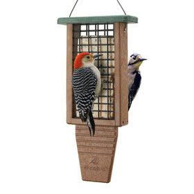 Kingsyard tail-pro suet feeder showing woodpecker balance on outdoor hanging.