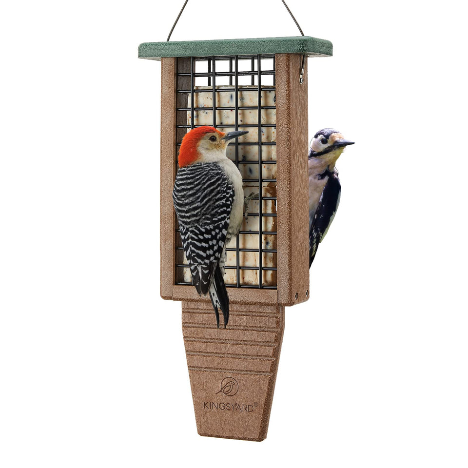 Kingsyard tail-pro suet feeder showing woodpecker balance on outdoor hanging.