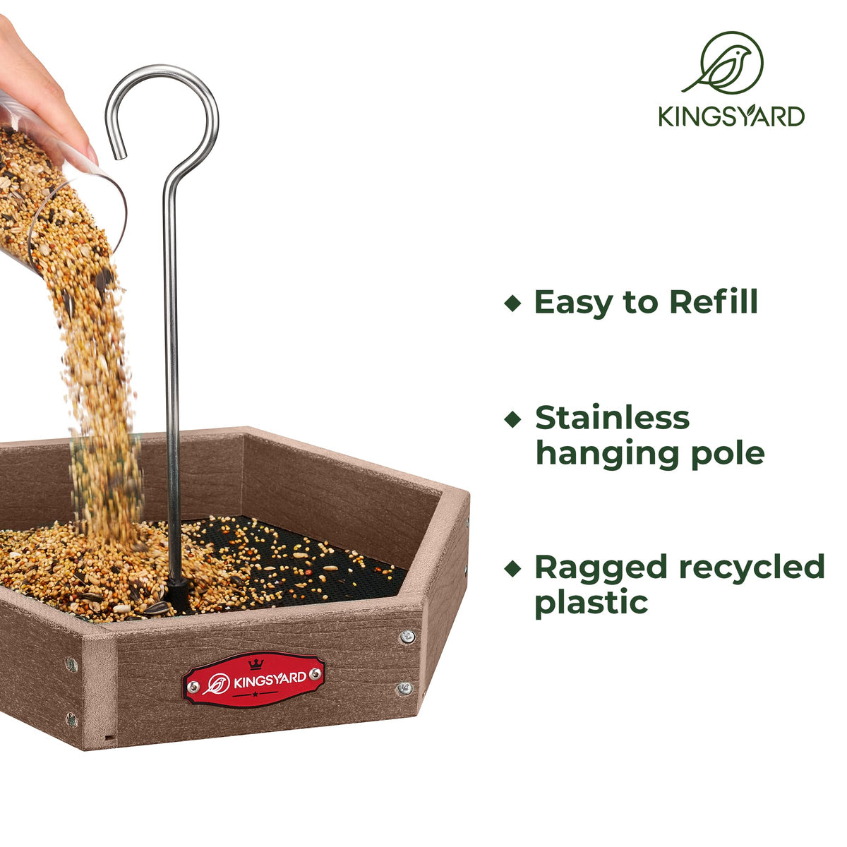 Kingsyard recycled plastic tray with rustproof components stands up to seasons.