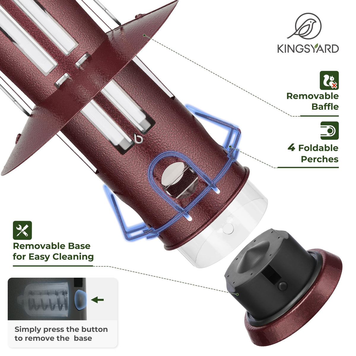 Kingsyard Removable base enables fast, tool-free cleaning