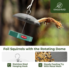 Kingsyard rotating squirrel-guard dome reduces access for squirrels, promoting peaceful feeding.