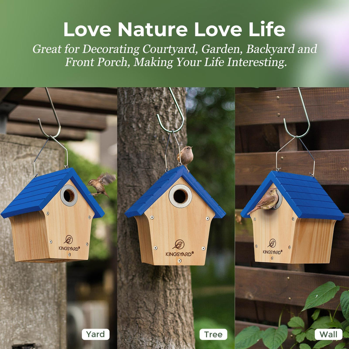 Kingsyard royal-blue wren house offers a vibrant garden focal point.