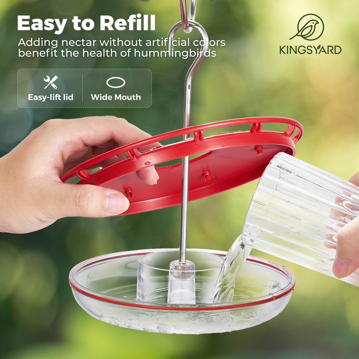 Kingsyard saucer hummingbird feeder leak-proof seal showing secure base in windy conditions.