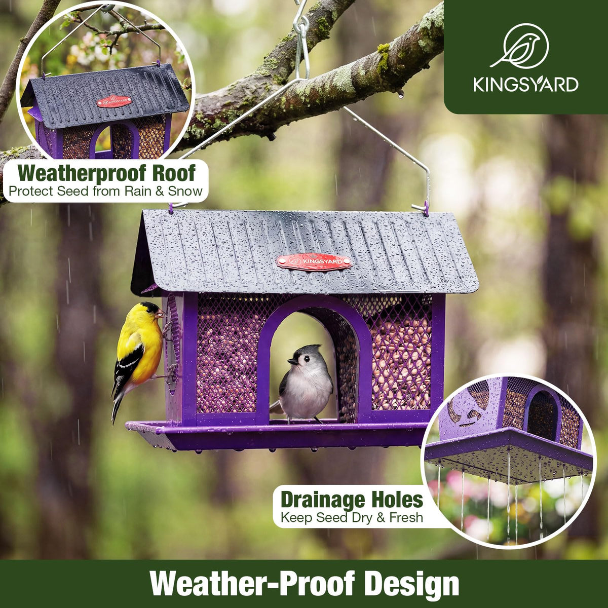 Kingsyard seed tray provides perching space and easy seed access.