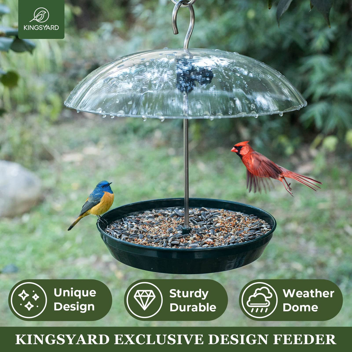 Kingsyard feeder shows squirrel-deterrent top spinning to deter pests.