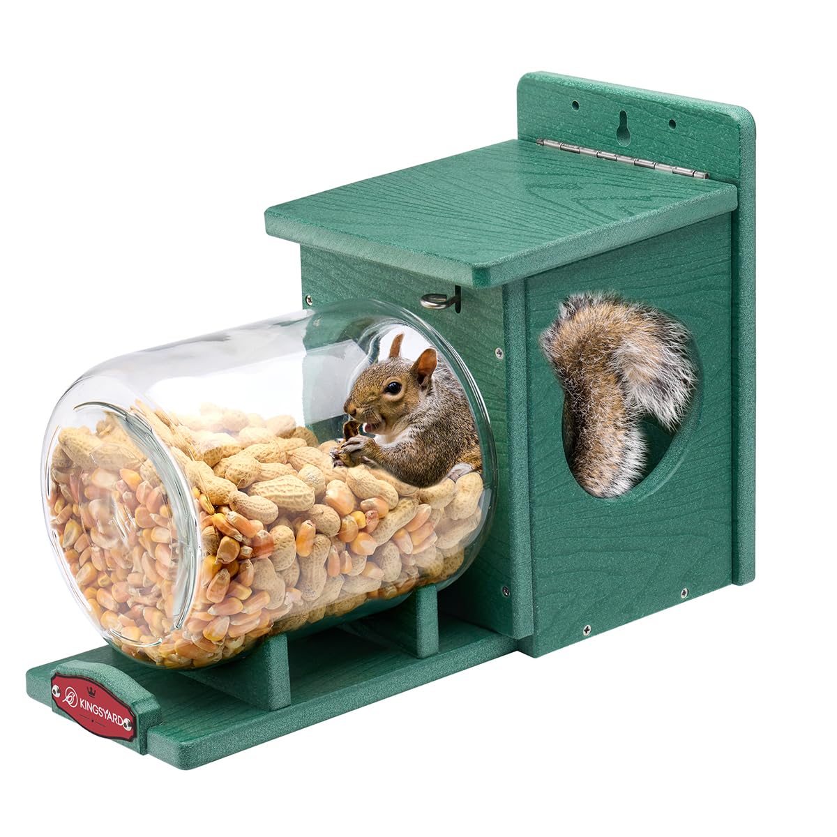 Kingsyard squirrel feeder in green mounted outdoors for durable, weatherproof use.