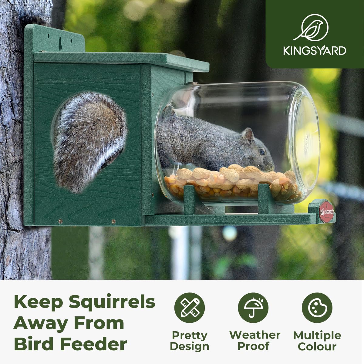 Kingsyard recycled plastic feeder jar close-up, storing peanuts and corn for ready treats.