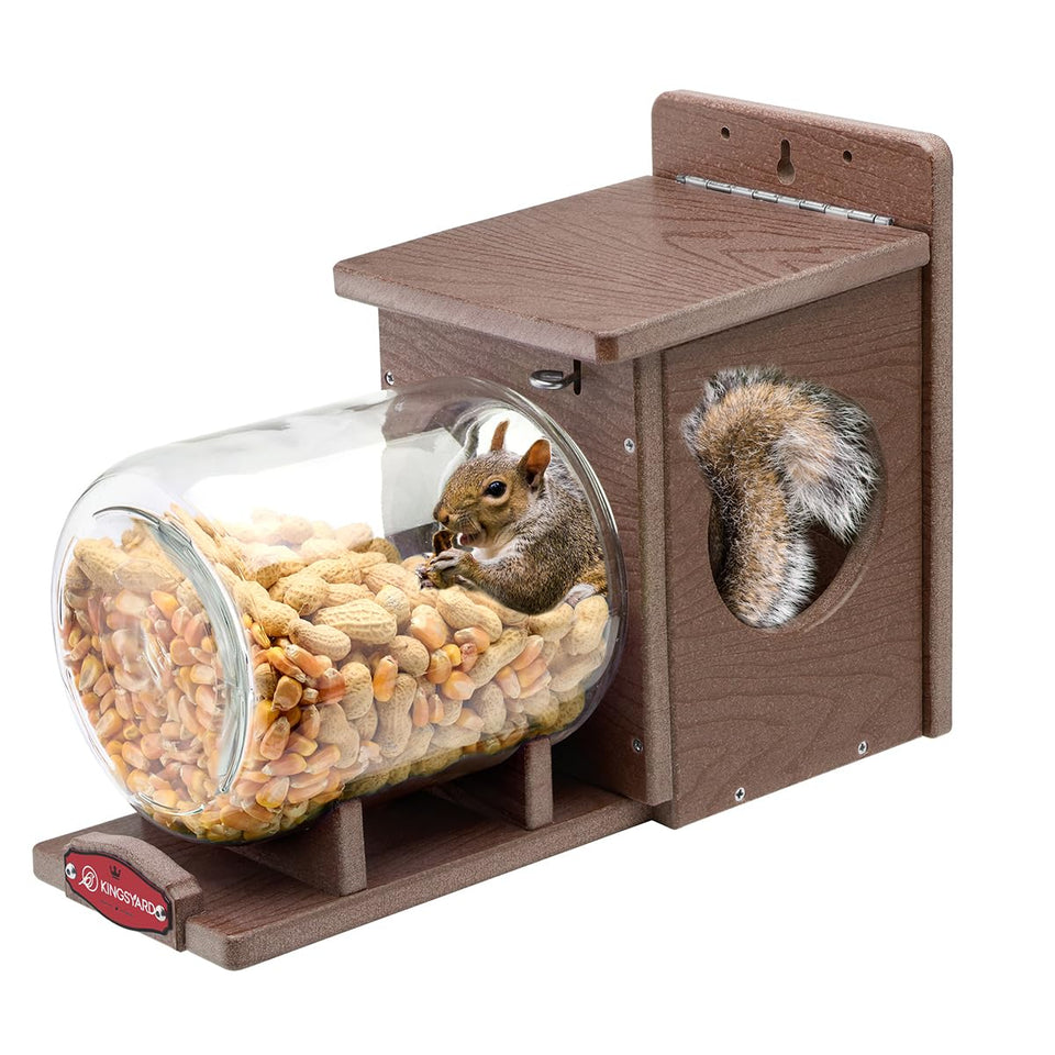 Kingsyard squirrel feeder mounted outside in brown for year-round outdoor use